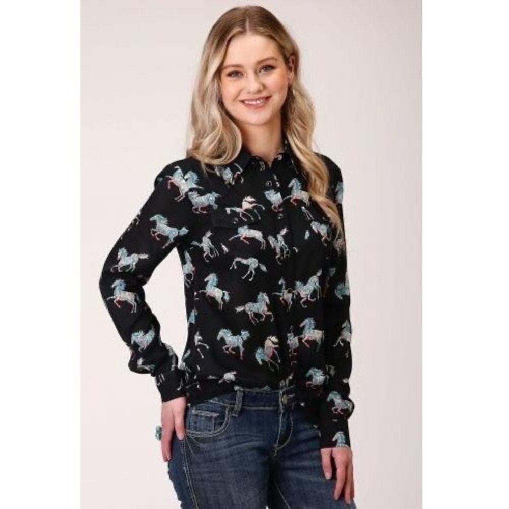 Roper Wild Horse Print Western Snap Shirt Women XS Navy Rayon Long Sleeve Rodeo